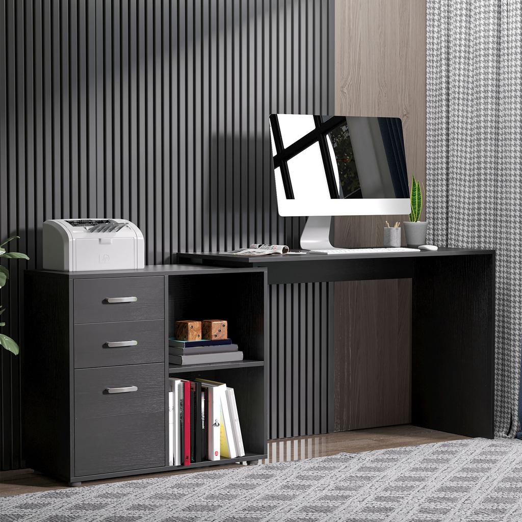 Corner PC Desk with 2 Drawers and Open Shelves, L-Shaped Corner Desk In Wood and Metal, 117x83.5x76 Cm, Black