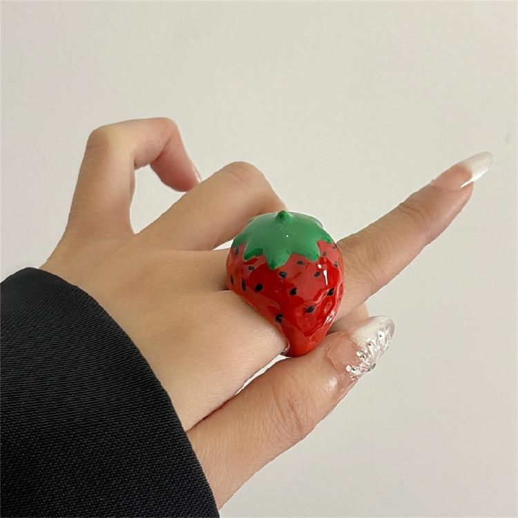 Elegant Enamel Dripping Oil Strawberry/Apples Ring Fashion Handmade Finger Accessory Party Wear Ring Festival Jewelry