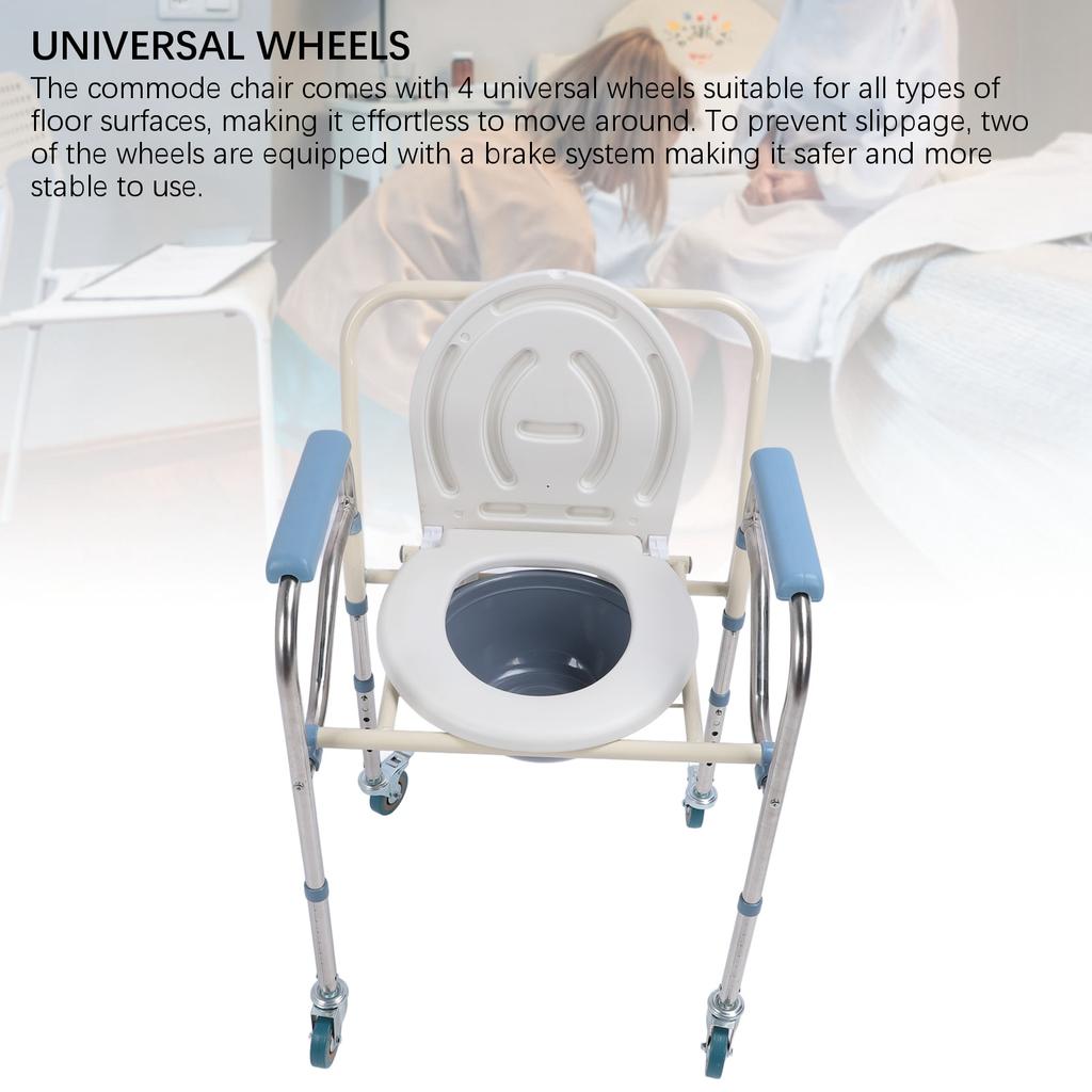 Bedside Commode Chair with Brake Wheels Carbon Steel Foldable Adjustable Height Multifunctional Toilet Chair