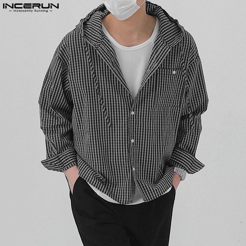 INCERUN Men Long Sleeve Buttons Plaid Print Hooded Shirts Casual Tops