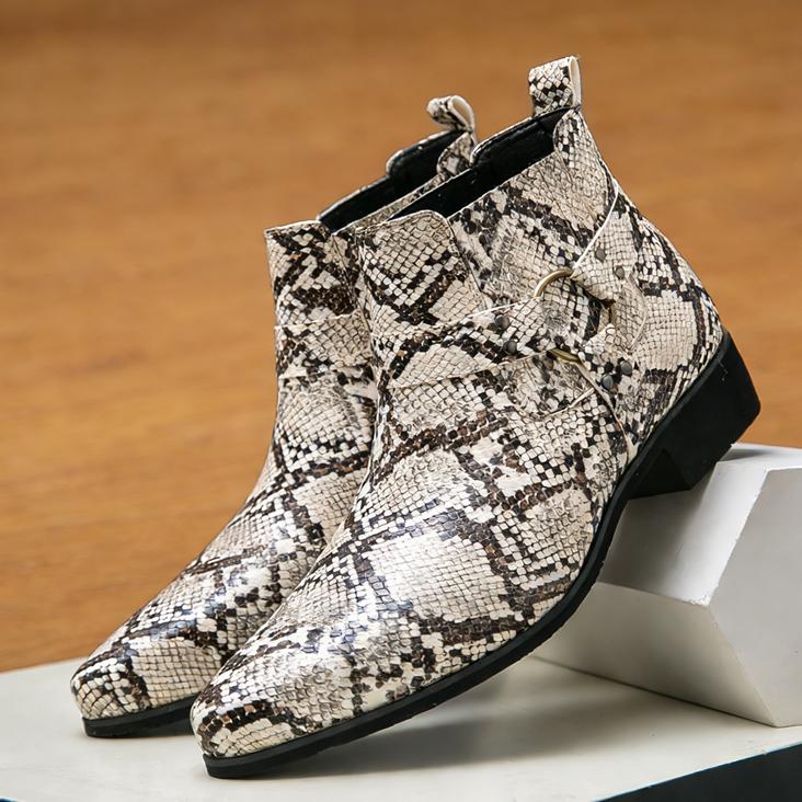 Fashion New Men's Pointed Rock Punk Snake Skin Leather Casual Chelsea Ankle Boot Male Winter High Tops  Shoes Zapatos Hombre