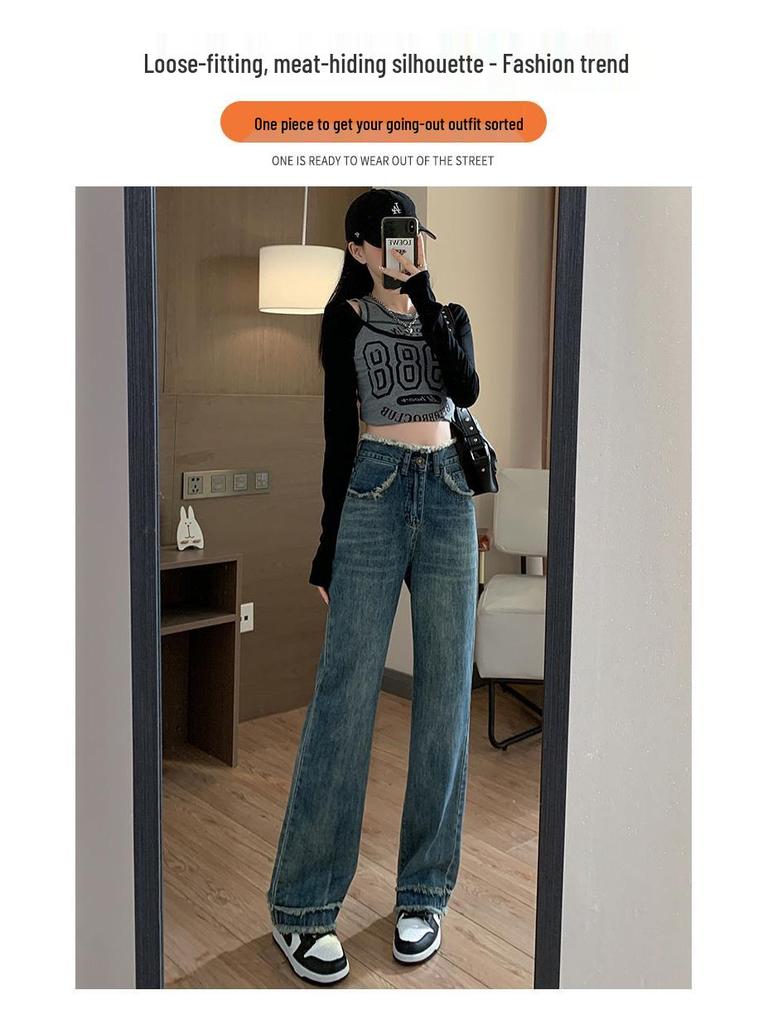 Hong Kong Style Women's High-Waisted Wide-Leg Frayed Jeans, Floor-Length Retro Flattering All-Season Pants