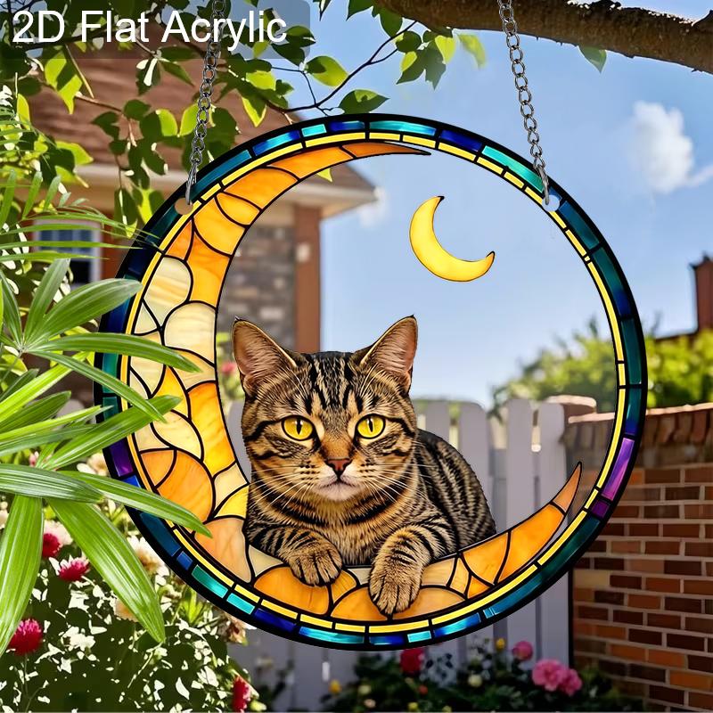 Acrylic Crescent Moon Tabby Cat Suncatcher, Stained Glass Style Window Hanging Ornament for Cat and Celestial Lovers