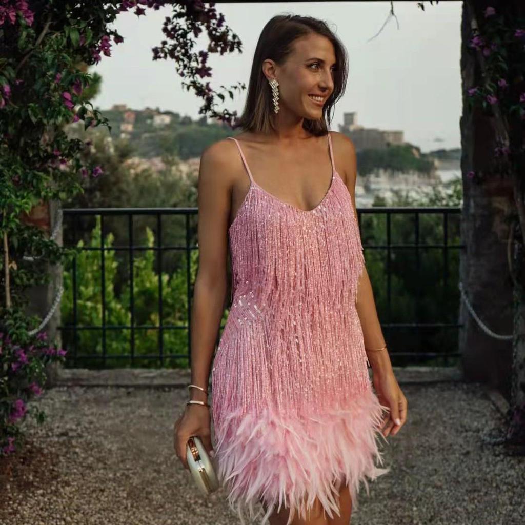 2026 Multicolor Sequin Tassel V-Neck Spaghetti Strap Feather Party Dress