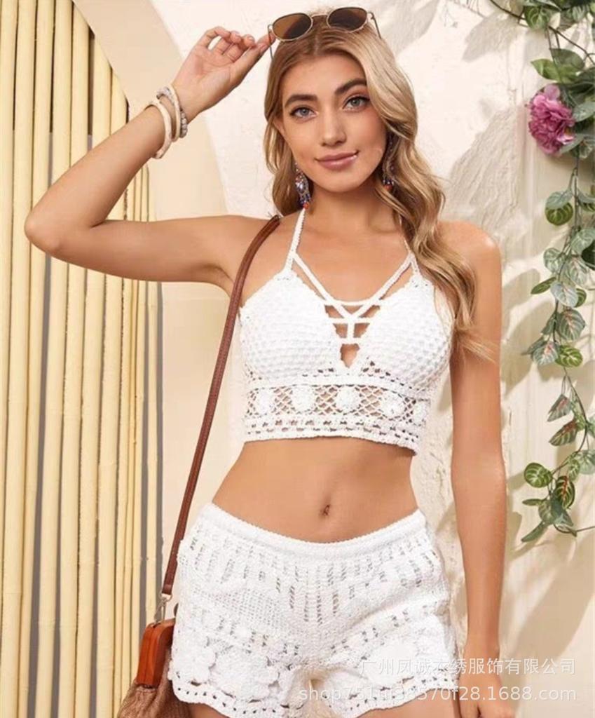 Be careful with the machine versatile vacation women's summer new suspender hollow crochet embroidery short vest women