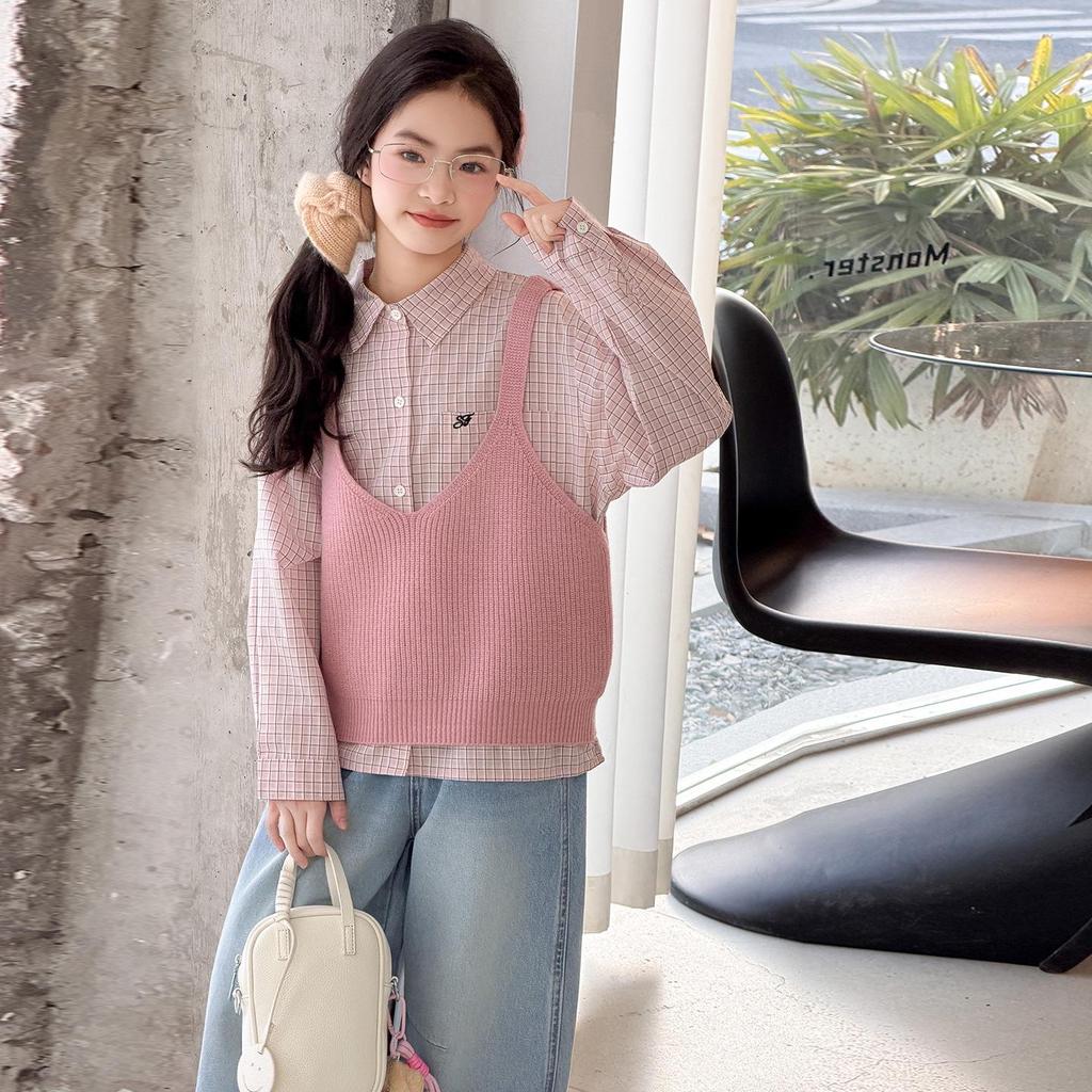 Adorable Girls' Spring Vest & Shirt 3-Piece Set - Korean Style for Older Children