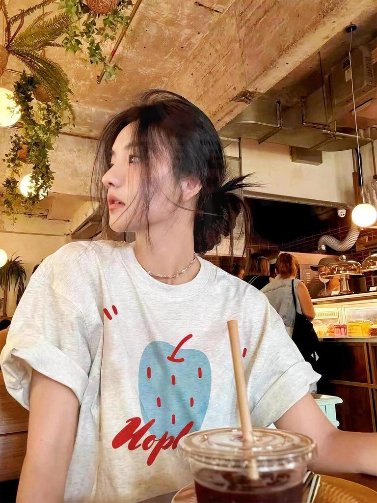 Plus Size Women's Apple Print Short Sleeve T-shirt - 2025 Summer Trendy Loose Fit