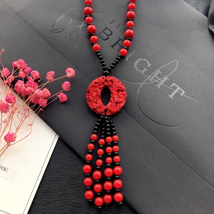 New Vintage Versatile Red Cinnabar Sweater Chain Natural Long Female Rose Necklace Pendant Accessories