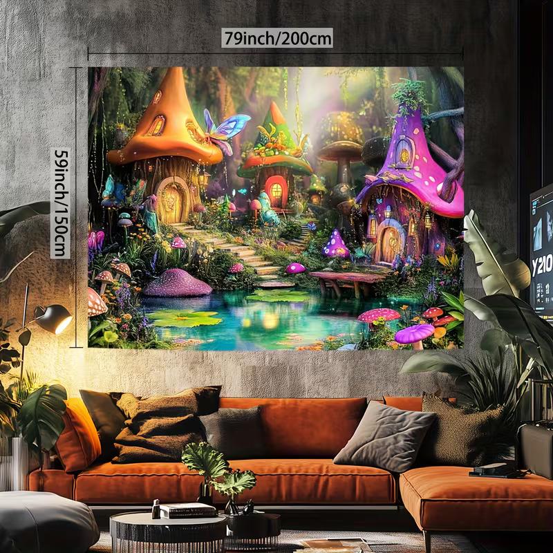 2D Fairy Tale Mushroom Village Tapestry, Colorful Houses with Pond & Flowers Wall Hanging, Fantasy Backdrop