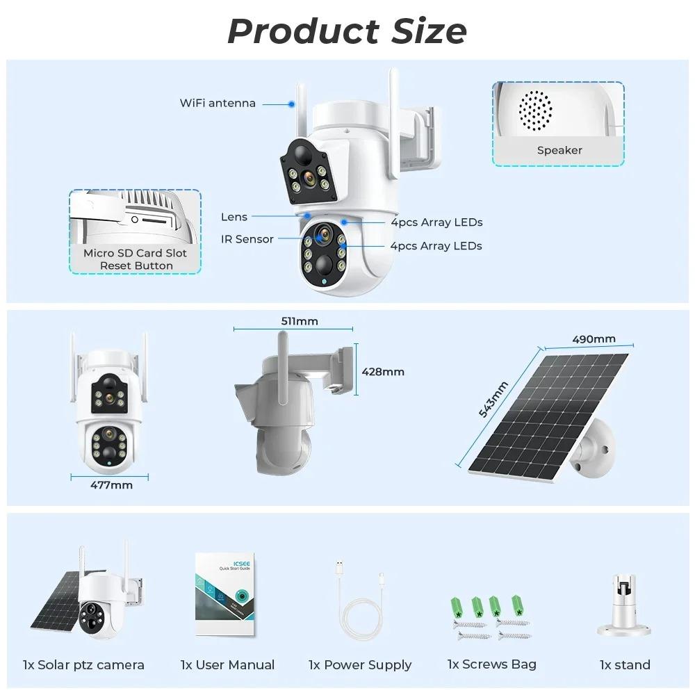 Wireless Solar Wifi PTZ Outdoor 4K 8MP Dual Len Low Power Security Battery Camera Color Night Surveillance Icsee