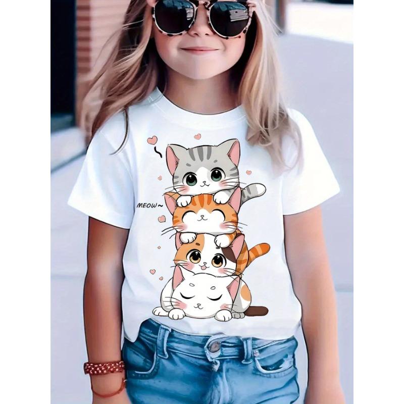 New Summer Girls' Clothing Cute Cartoon Cat Pattern T-Shirt Short Sleeve Top Casual Children's Clothing