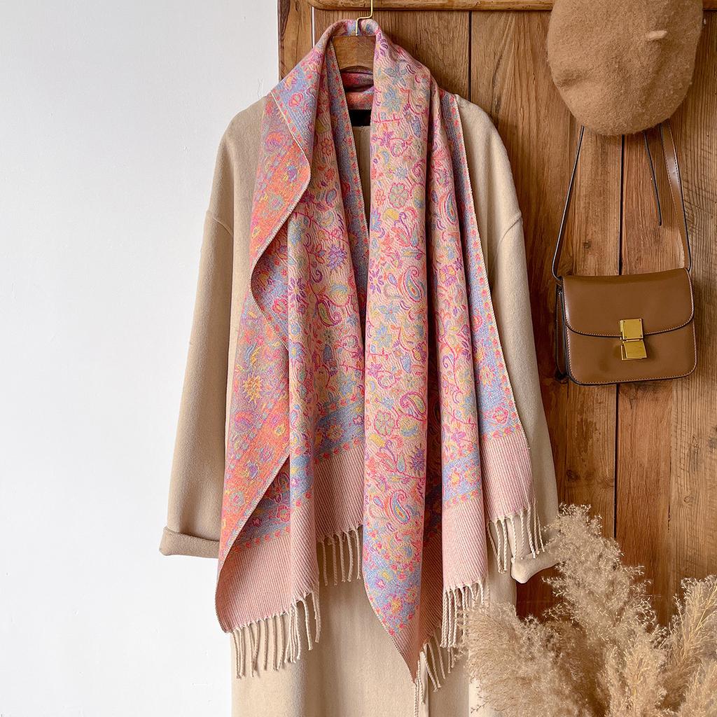 versatile retro flower pattern Hong Kong style imitation cashmere women's warm scarf fashion long beard fringed shawl