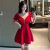 Fashion Sexy Dress Temperament Celebrity Low Chest Zipper Bubble Sleeve Word Dress High Waist Skinny Niche Muse Dress