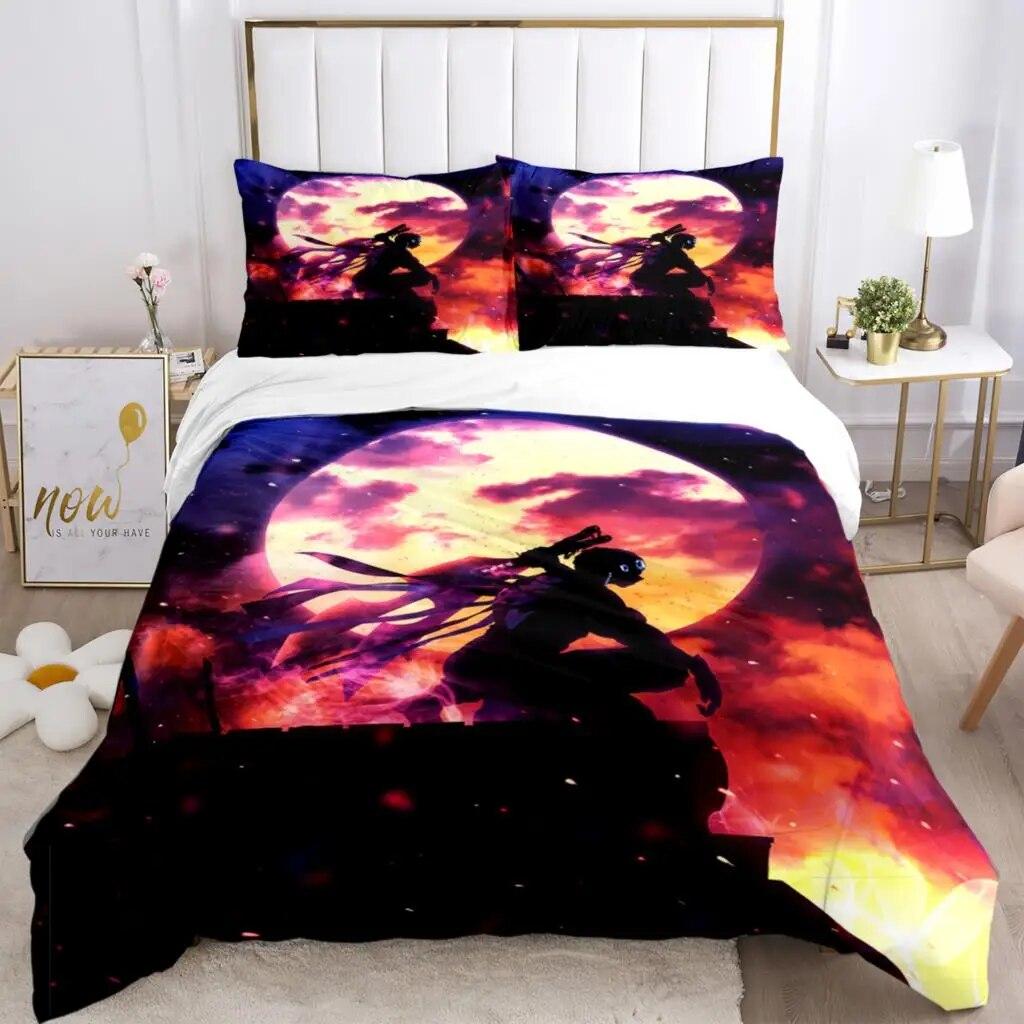 Demon Slayer Print Dreiteiliges Bettwäscheset Modeartikel Kinder oder Erwachsene für Betten Bettbezüge Kissenbezüge Bettwäscheset Geschenk