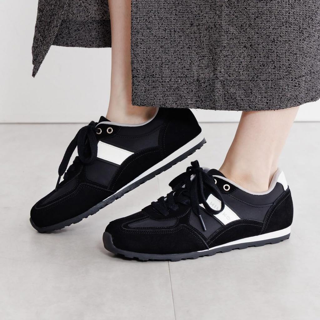 HIMIKO Flat Suede Combination Sneakers, Black, 657302, Comfortable Cushioned, 1.5cm Heel, Lace-Up, Black, Size 255