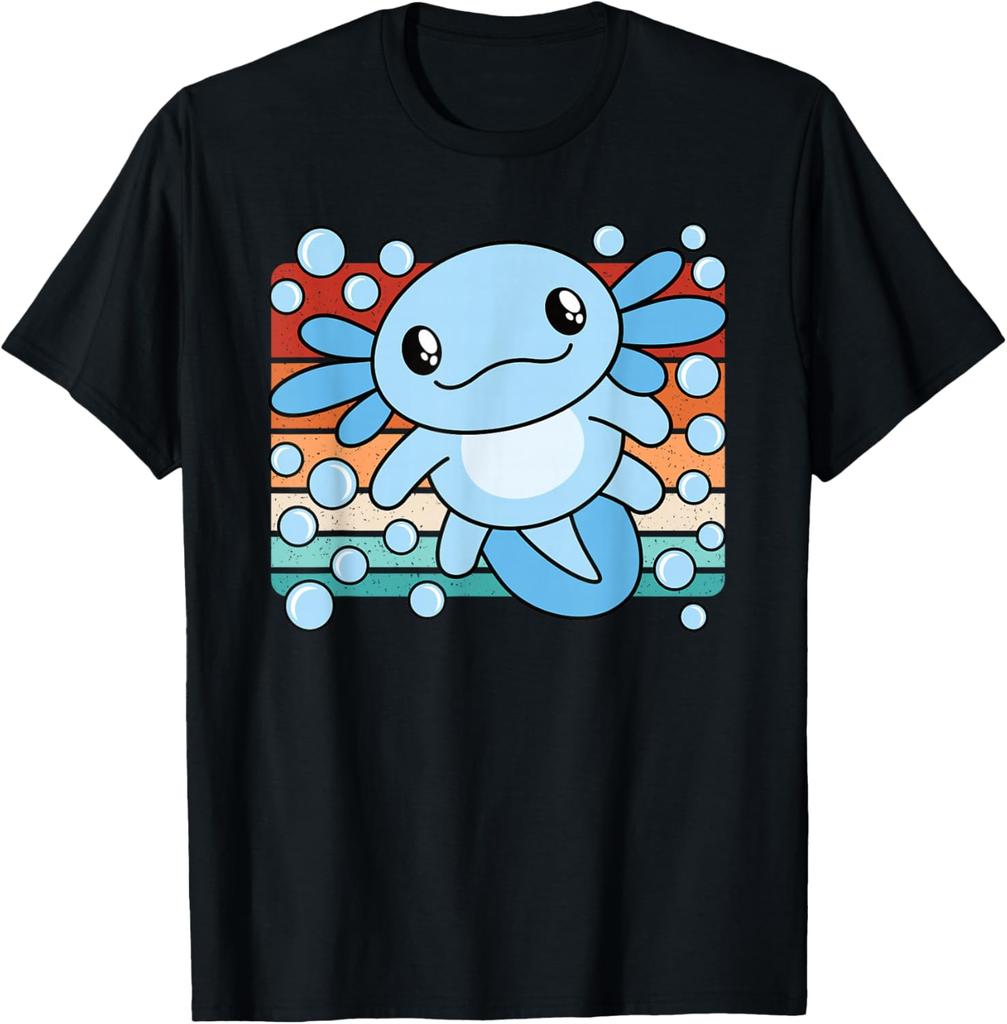 Niedlicher Axolotl Salamander Retro Sonnenuntergang Grafik T-Shirt Weiche Baumwolle Lässiges T-Shirt für Kinder