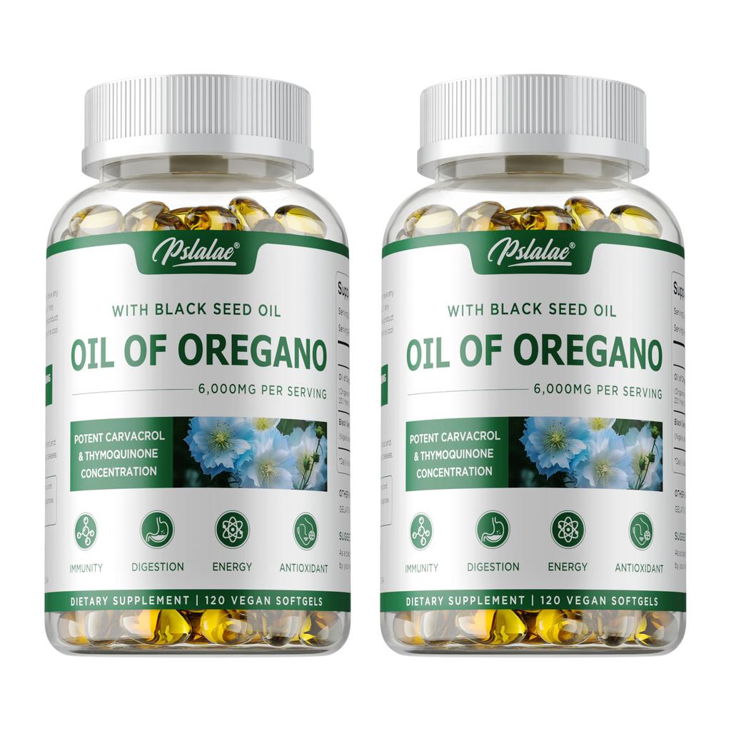 Capsule molli complesse di olio di origano, combinate con olio di semi neri, per la salute immunitaria, antiossidante e adatte agli adulti.