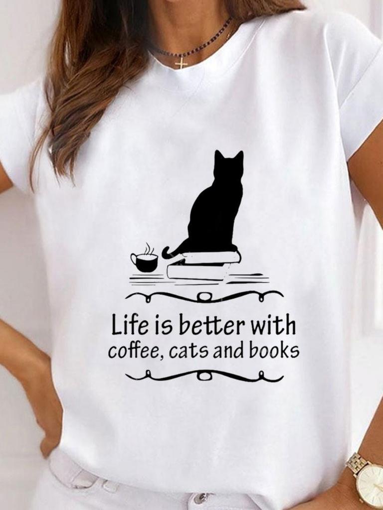Fashionable Cartoon Cat Printed Womens Tshirt Fashionable Round Neck Top Casual Short Sleeved Womens Clothing