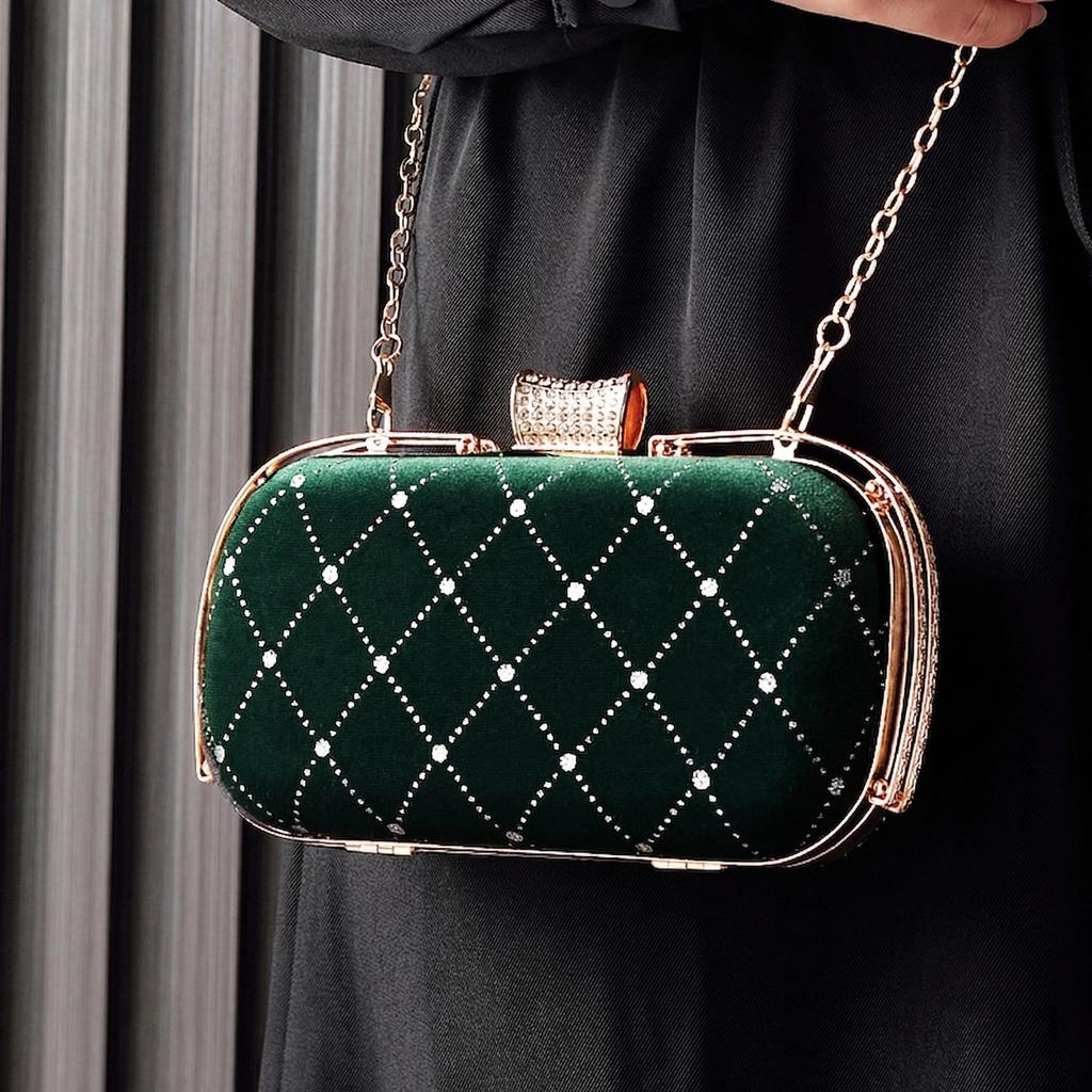 Women's Quilted Handbag Black Velvet Evening Party Bag Vintage Luxury Designer Diamond Clutch Crossbody Shoulder Wallet for Lady