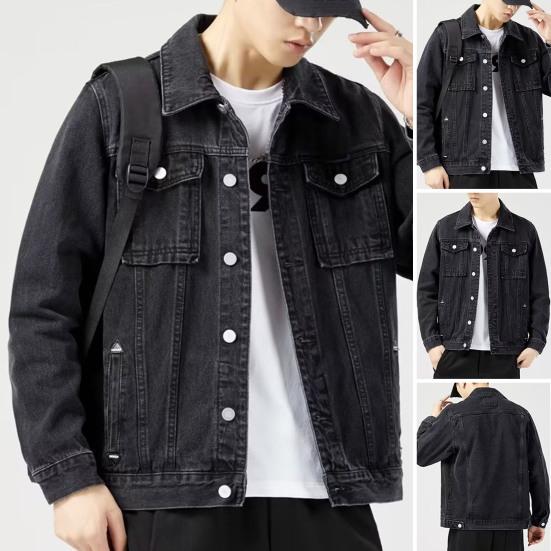 Pánská džínová bunda Klopa Dlouhý rukáv Kapsy s klopou Jednobarevný kabát Zapínání na knoflíky Neformální džínové svrchní oblečení Každodenní nošení