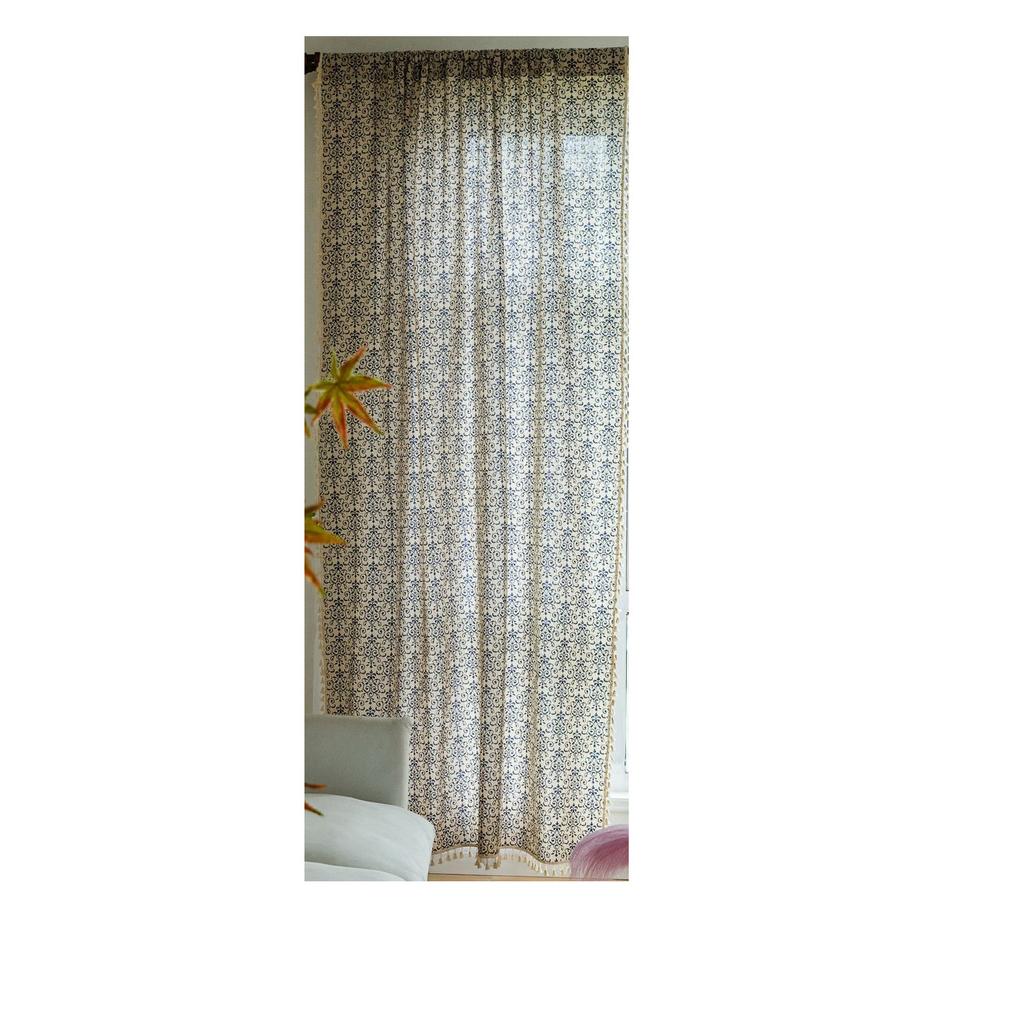 Curtain Finished Coffee Short Curtain Small Window Shame Half Curtain Blue Printed Curtain