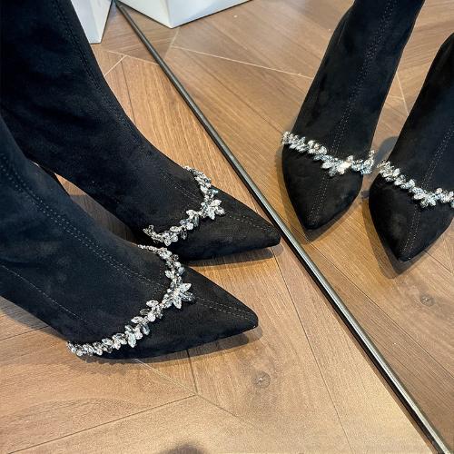 

Fashion Women Rhinestone Pointed Toe High Heel Ankle Boots Black Suede Stiletto Elegant Party Shoes 34