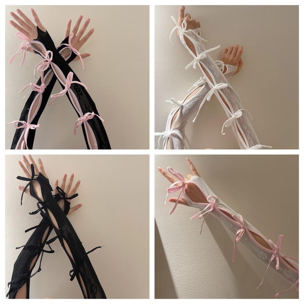 Streetwear Elastic Y2K Lace Oversleeve Korean Style Sweet Balletcore Sleeves Sunscreen Punk Bow Fingerless Gloves Gothic