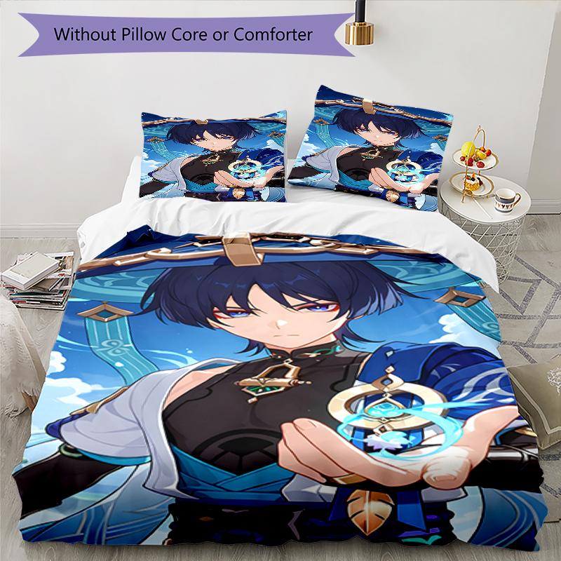 3pcs Genshin Impact Wanderer1 Design Cover Set - HD Printed Bedding with 1 Cover and 2 Pillowcases - Perfect for Home and Dorm Decor