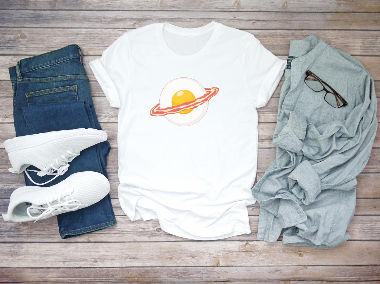 Scrambled Eggs Bacon Saturn Style Drawing Short Sleeve White Men T-shirt F403 S