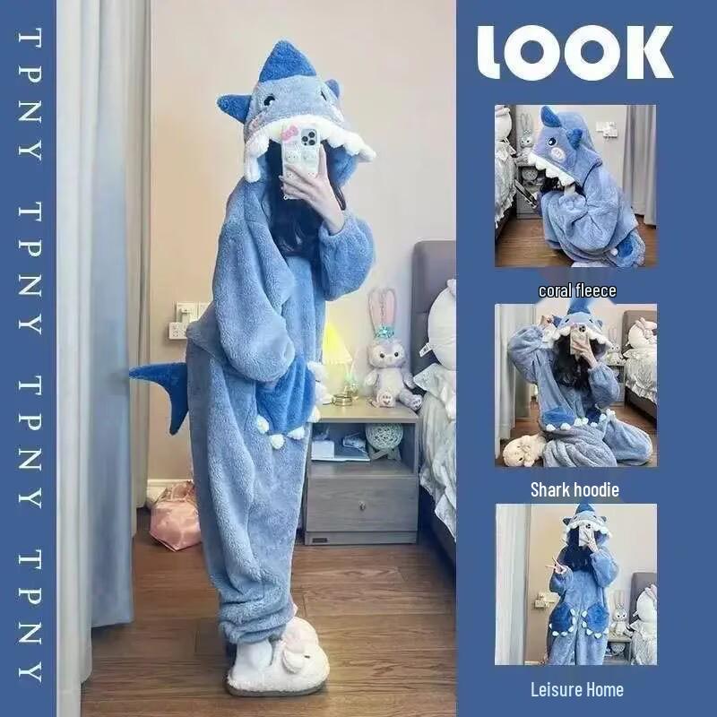 Women s Winter Flannel One-Piece Pajamas - Thick Shark Hoodie Cartoon Plush Set L