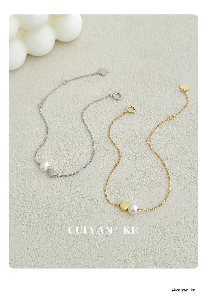 Cui Yan Sterling Silver Korean Heart Pearl Bracelet - Women's Elegant Niche Design