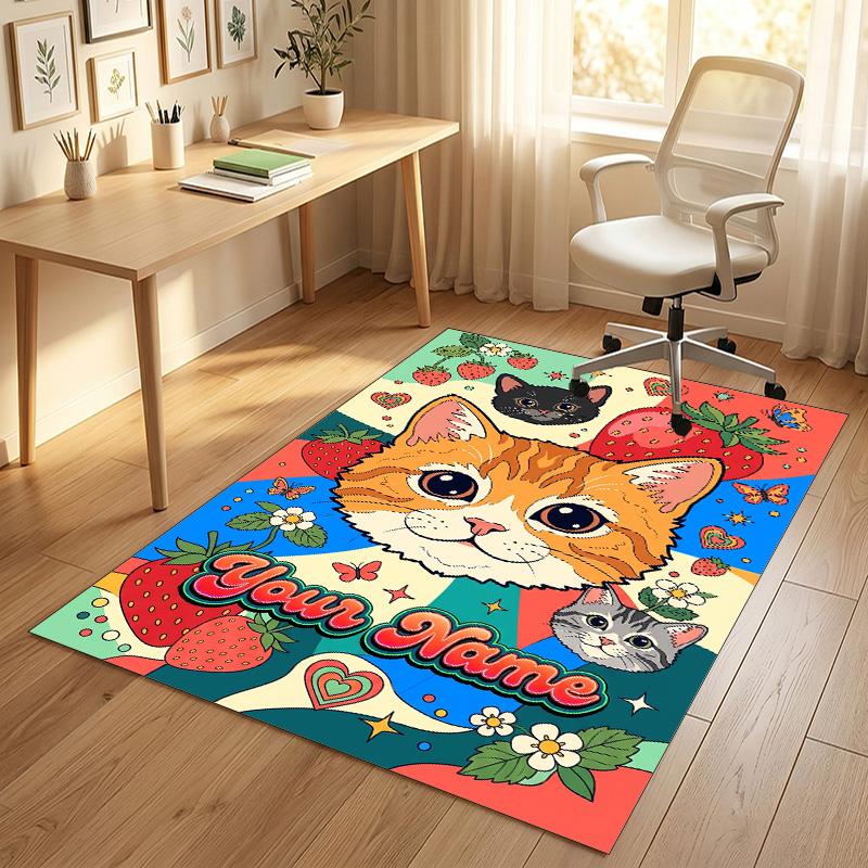 Cat Theme Crystal Velvet Rug Personalized Custom Name Text Soft Floor Mat Home Decor
