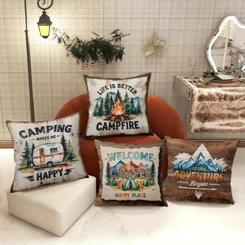2D Flach - 4er Set Camping Wohnmobil Kissenbezüge, Outdoor Stil Sofa Kissenbezüge, Heimdeko Kissenhüllen, Geschenk für Familie, Freunde Und Partner, 2D F