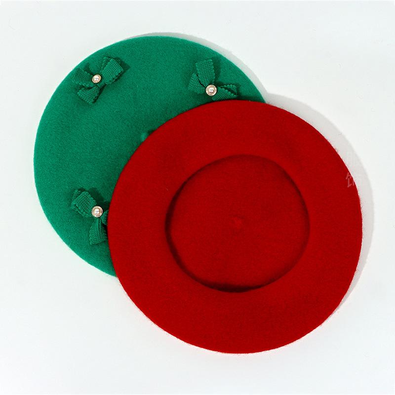 Women S Red Green Wool Beret With Pearl Bow Versatile Small Face Painter Hat