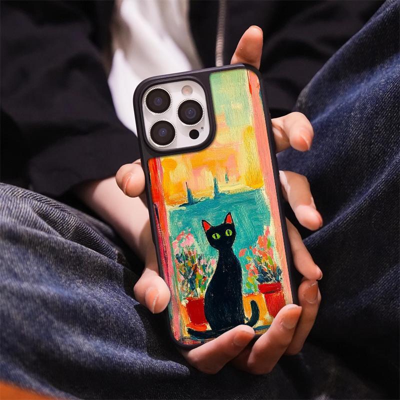 Oil painting sunset black cat for iPhone17promax mobile phone case 15 electroplating 16 matte PC13 art 14 sets