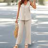 2 Pcs/Set Women Vest Pants Set Sleeveless V Neck Button Decor Wide Leg Straight Loose Solid Color Lady Top Trousers