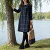 Women's Vintage Plaid Dress Casual Long Sleeve Cotton Linen Dress Fall Loose Fit Checkered Crew Neck Tunic Midi Dress