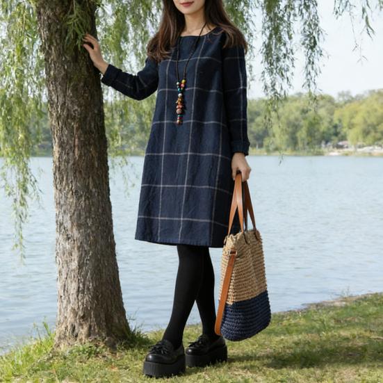 Women's Vintage Plaid Dress Casual Long Sleeve Cotton Linen Dress Fall Loose Fit Checkered Crew Neck Tunic Midi Dress