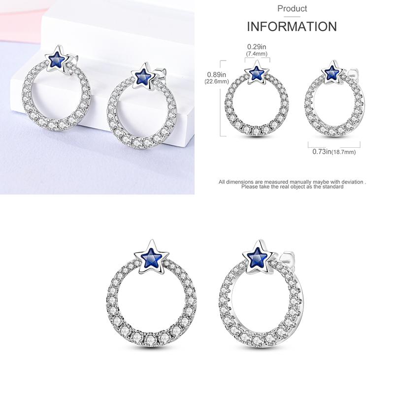 Sparkling Blue Zircon Hoop Earrings Pave U Shape Star Devil Eyes Circle S925 Drop Earring Fit Original Party Jewelry