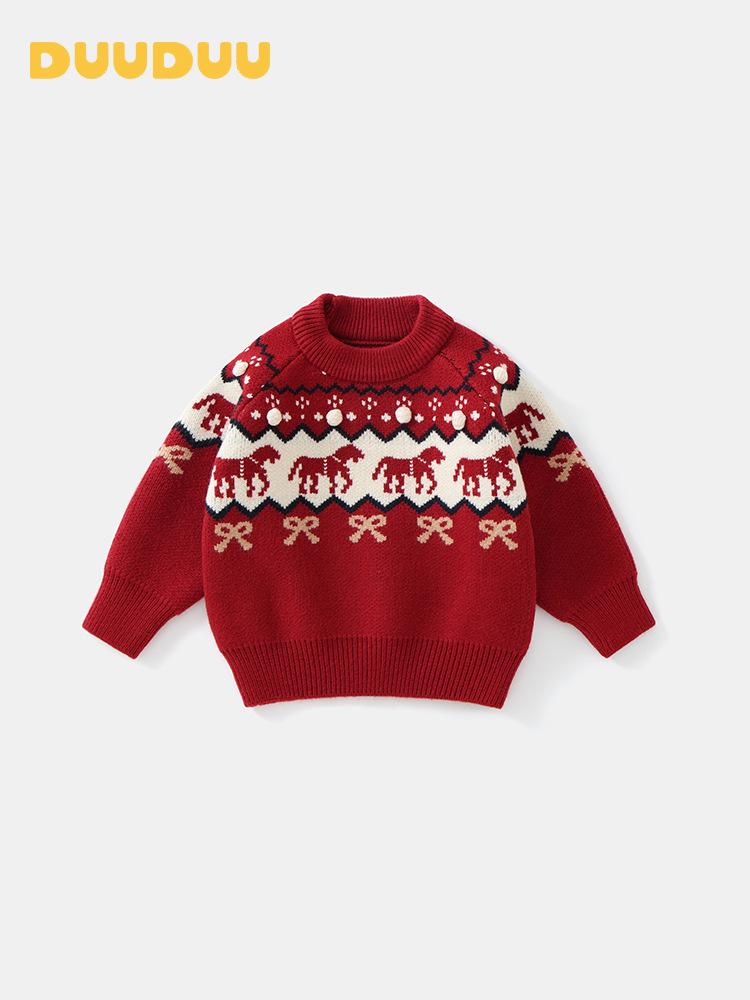DUUDUU 2025 Roter Strickpullover im koreanischen Stil für Kinder - Warmes Herbst-/Winteroberteil