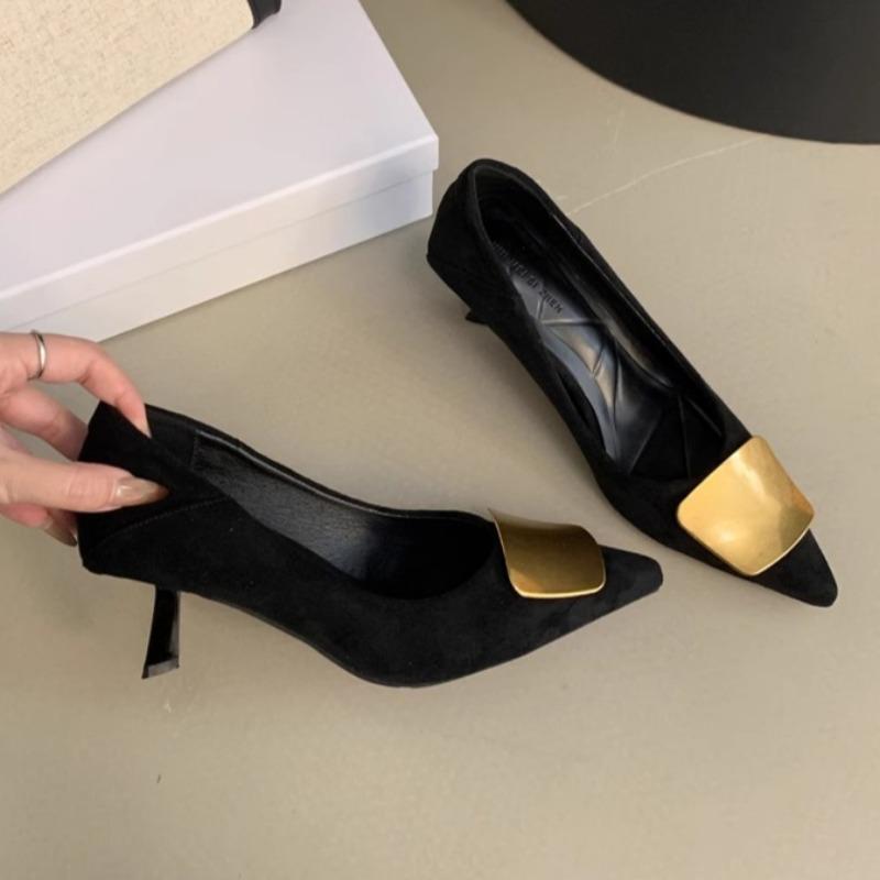 Fashion Autumn New Thin Heel Single Shoes Women's Fashion Pointed Shallow Mouth Suede Metal Buckle Non-slip High Heels