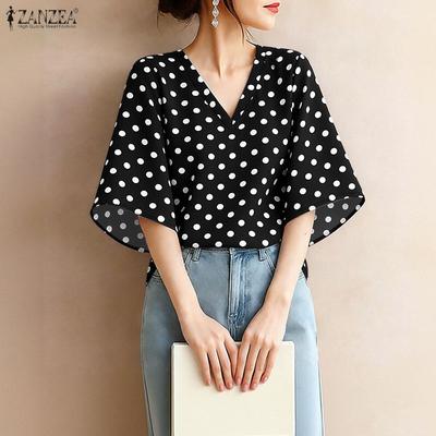 Camicetta Casual Larga da Donna con Stampa Pois, Scollo a V, Manica Corta