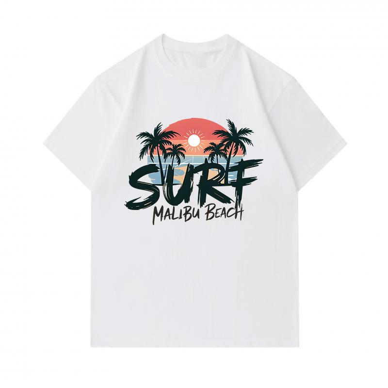 Men's 100% Cotton Crew Neck Short Sleeve T-Shirt, Surf Malibu Beach Retro Palm Sunset Print Casual Breathable Summer Top for Daily Outdoor Surfing Str
