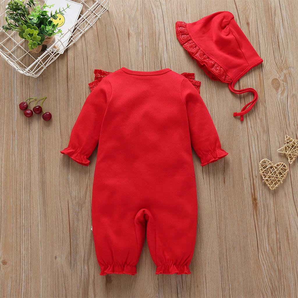 Newborn Infant Baby Girls Solid Ruffles Lace Romper Jumpsuit+Hat Outfits Sets