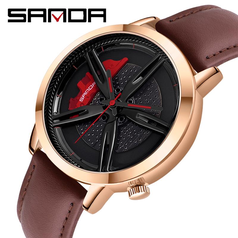 

SANDA модные мужские часы с полым циферблатом, студенческие автомобильные колеса, водонепроницаемые концептуальные креативные часы