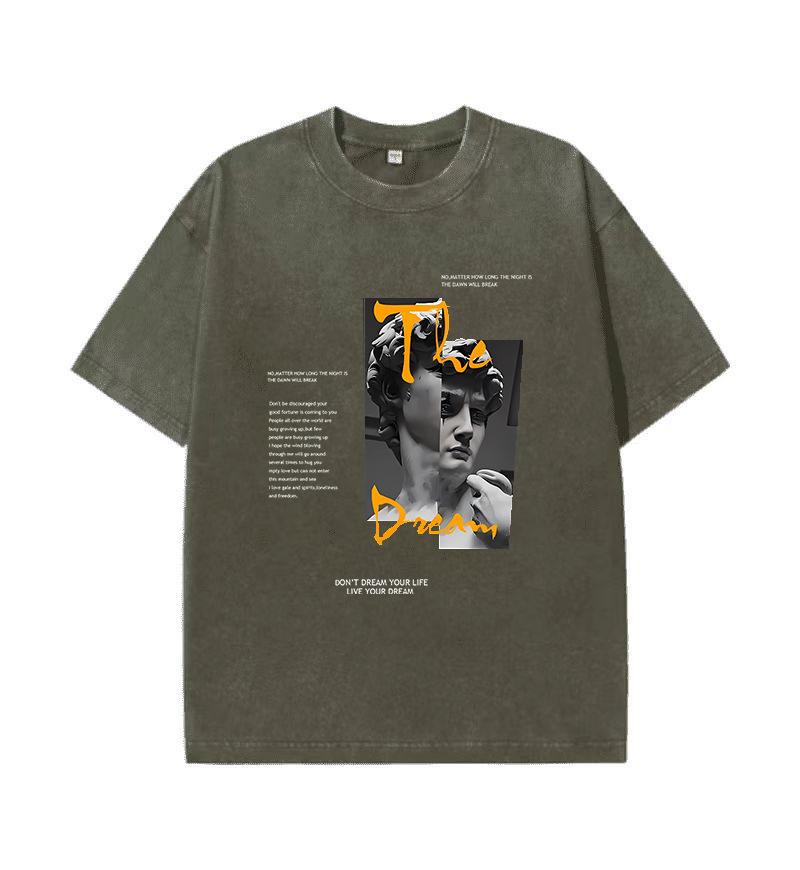 Plus Size Summer Men's and Women's 230g Cotton Sculpture Printed Vintage Washed and Aged Round Neck Short Sleeve Hip Hop T-Shirt