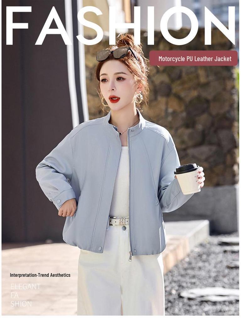 2025 Spring Women's Solid Color Loose PU Leather Stand Collar Jacket Coat Z8805