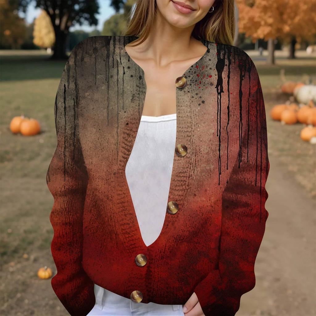Women's Fashion Printed Long Sleeve Knitted Cardigan Button Down Jacket