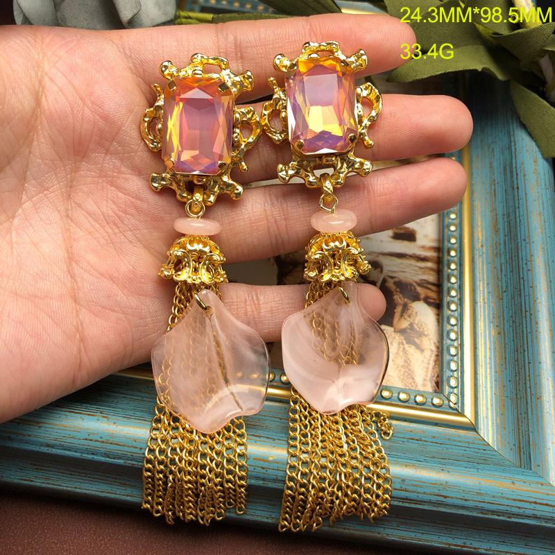 Французские Ретро Серьги Розовые Сладкий Характер Серьги с Бахромой Длинные Касающиеся Плеча Камни Позолоченные Настоящим Золотом Серьги Женские