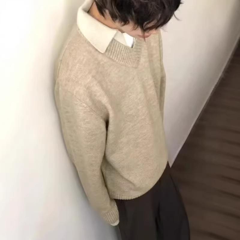 

Unisex Retro Faux Two-Piece V-Neck Sweater - Casual Knitwear for Autumn/Winter XL абрикосовий